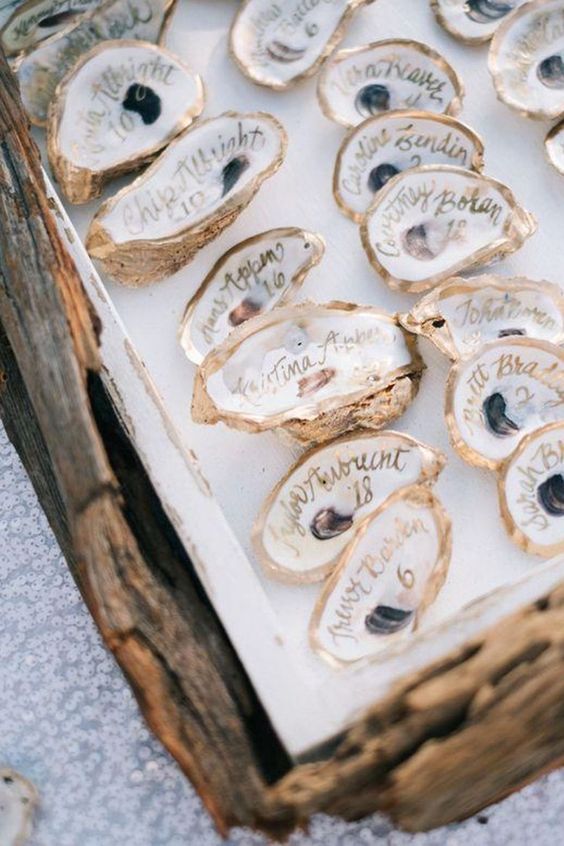 Set aus goldenen Muscheln, dekoriert für eine Hochzeit am Meer in der Bretagne